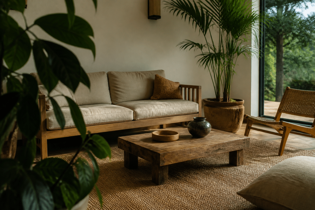 Salon avec canapé bois, tapis jute, grande plante verte