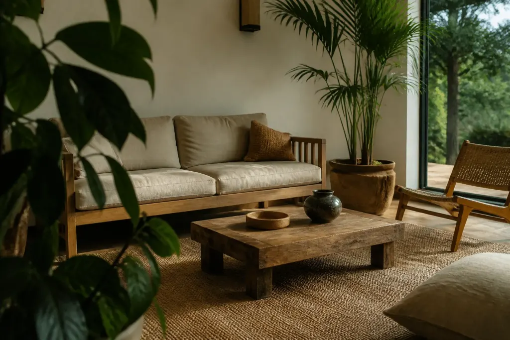 Salon avec canapé bois, tapis jute, grande plante verte