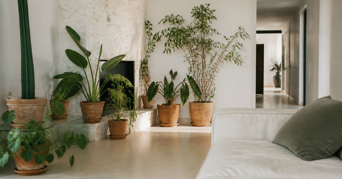 Salon minimaliste avec plantes vertes et pierre posee sur sol clair