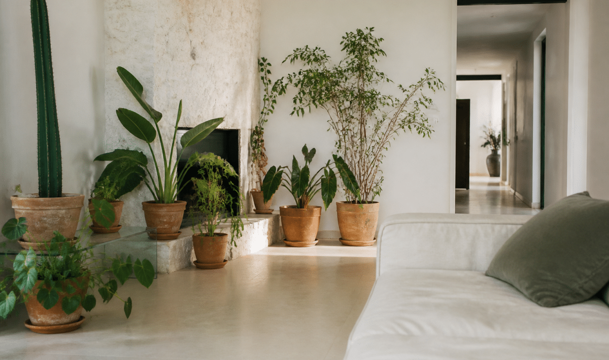 Salon minimaliste avec plantes vertes et pierre posee sur sol clair