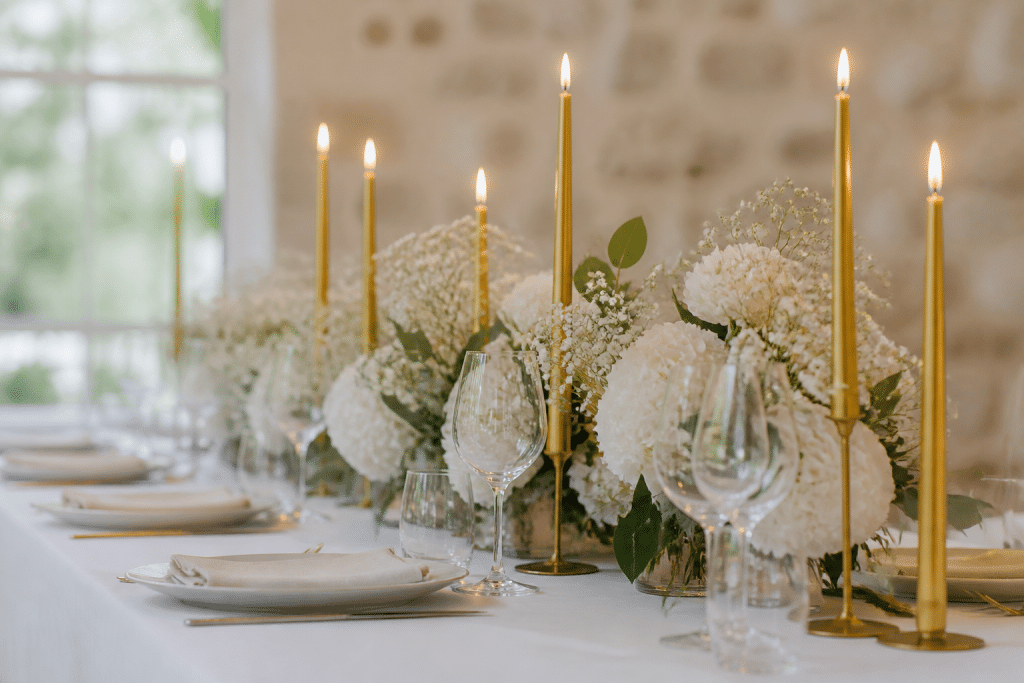 Table elegante avec bougies dorees et fleurs blanches harmonieuses