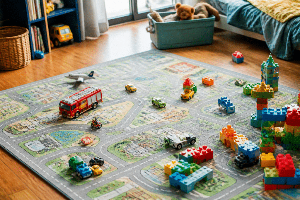 Tapis motifs ville enfant avec jouets colorés dispersés