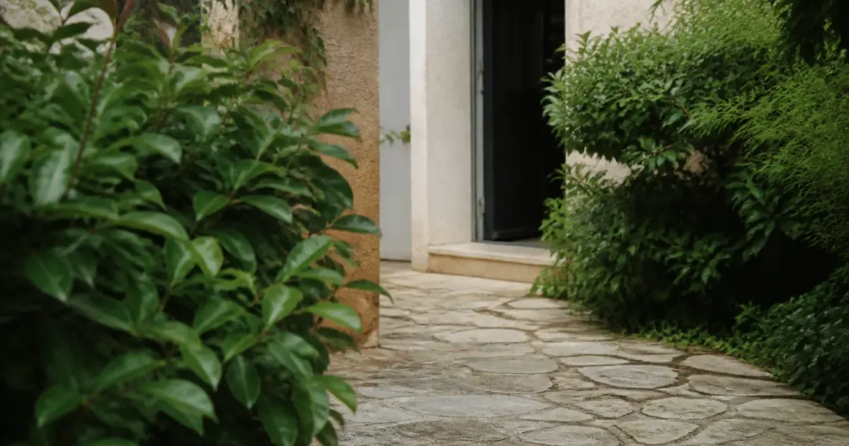 Terrasse pavee avec plantes vertes bordant entree maison