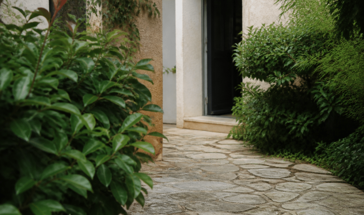 Terrasse pavee avec plantes vertes bordant entree maison