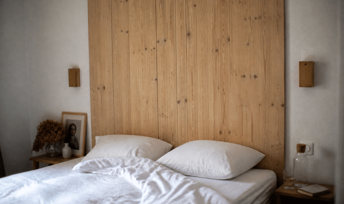 Panneau bois brut fixe derriere lit blanc positions verticale
