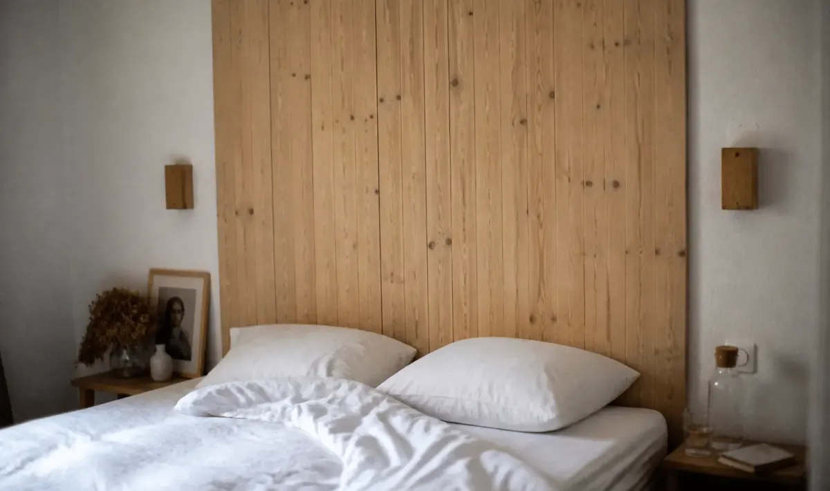 Panneau bois brut fixe derriere lit blanc positions verticale