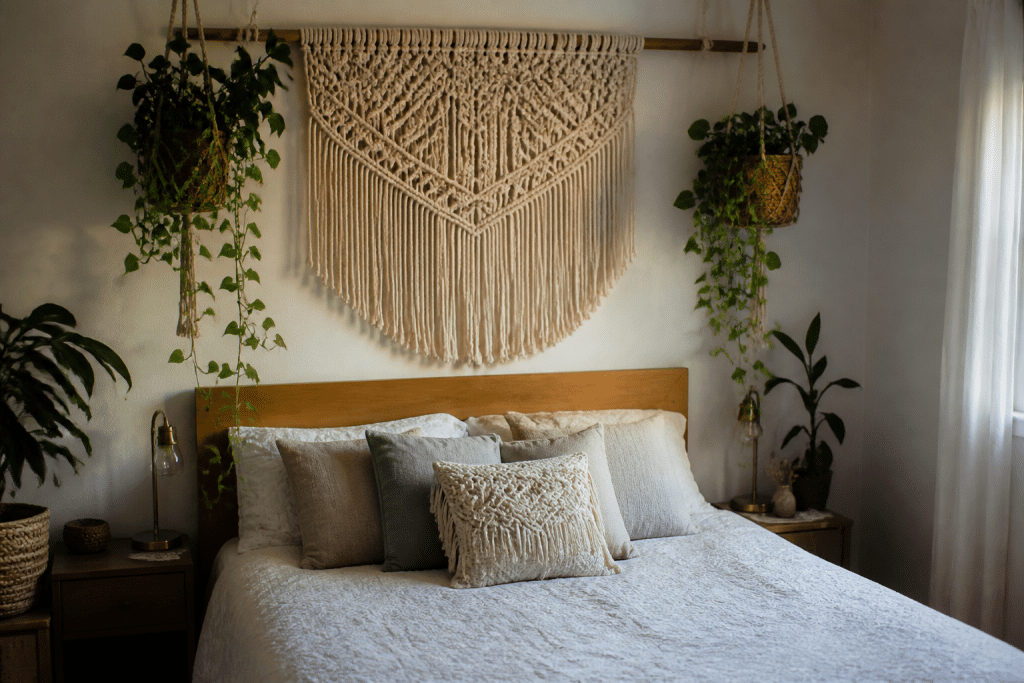 Tete de lit macrame avec plantes suspendues naturelles