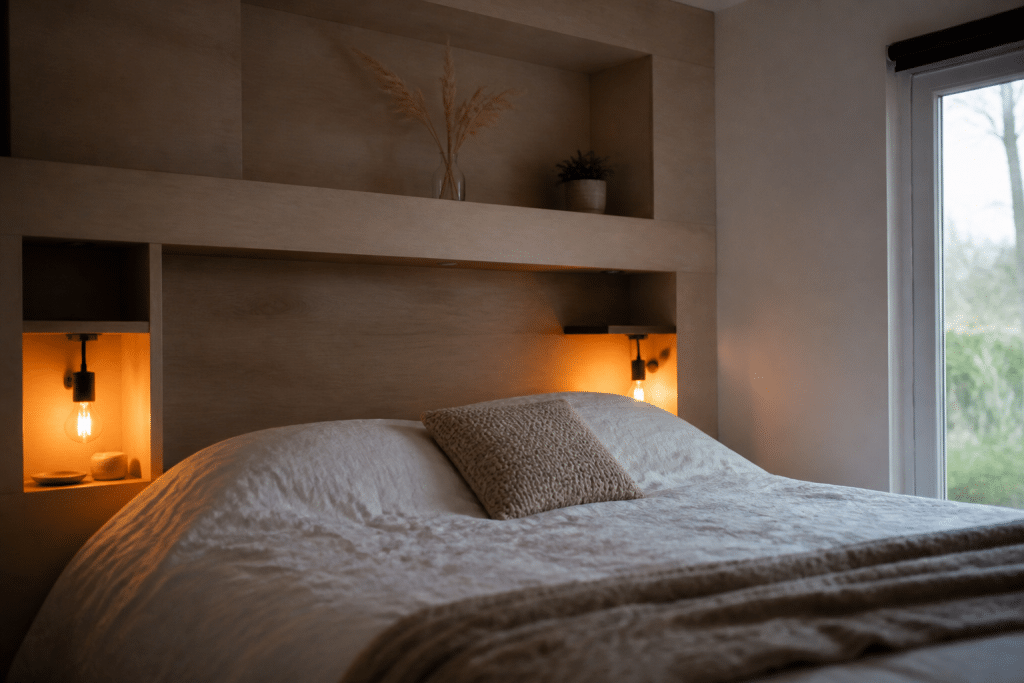 Chambre avec lit muni niches rangement et lampes intégrées