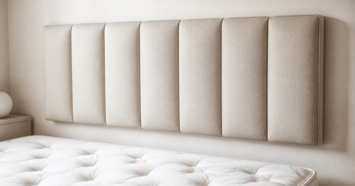 Tête de lit rembourrée beige suspendue au-dessus matelas blanc