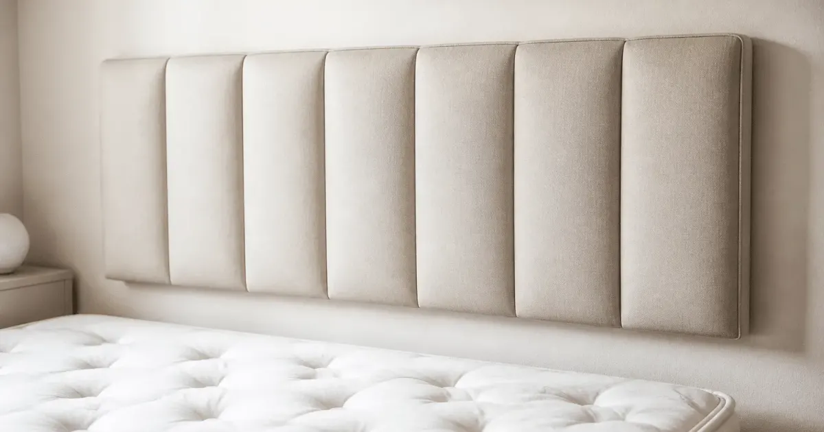 Tête de lit rembourrée beige suspendue au-dessus matelas blanc