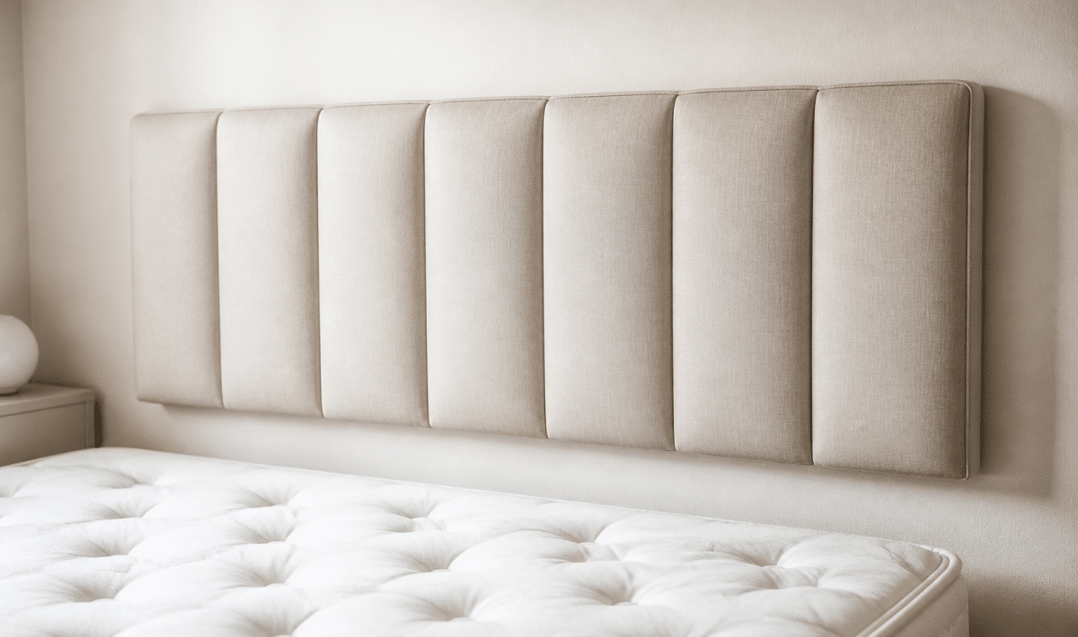 Tête de lit rembourrée beige suspendue au-dessus matelas blanc