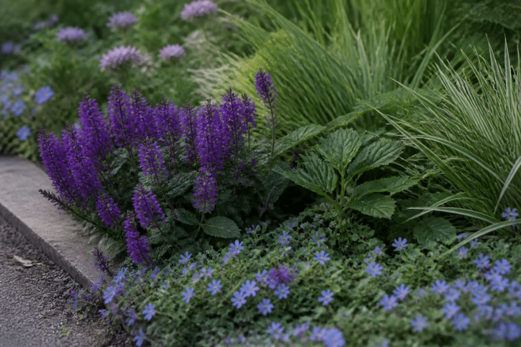 Vivaces rustiques et couvre-sol densément plantés dans parterre