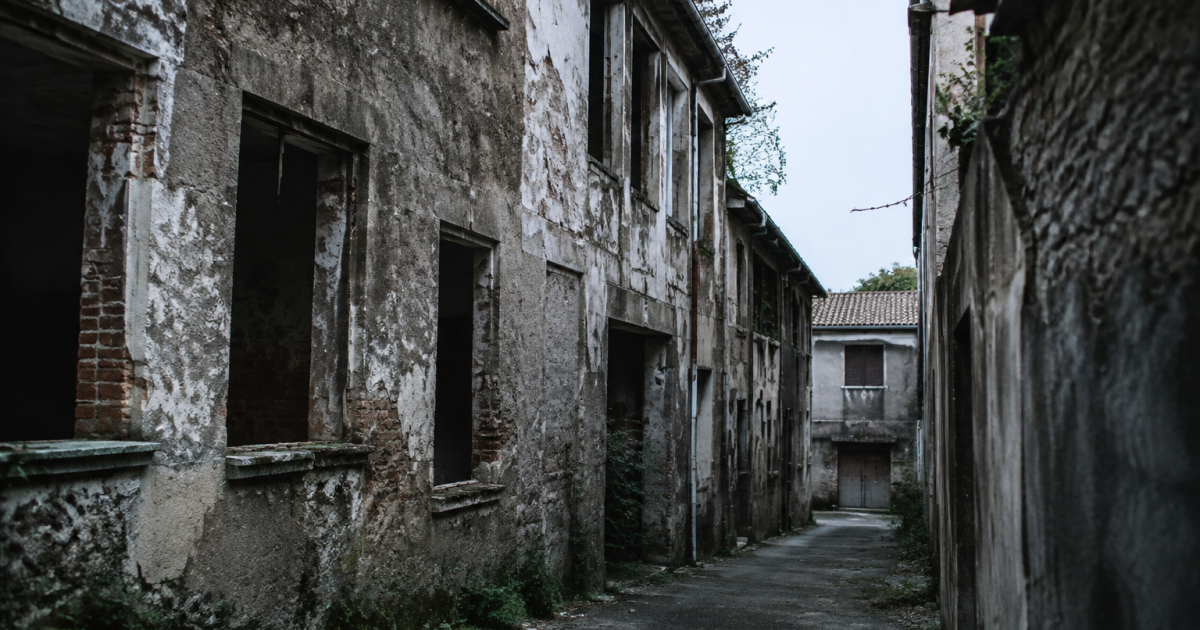 Batiments abandonnes dominant une ruelle sombre