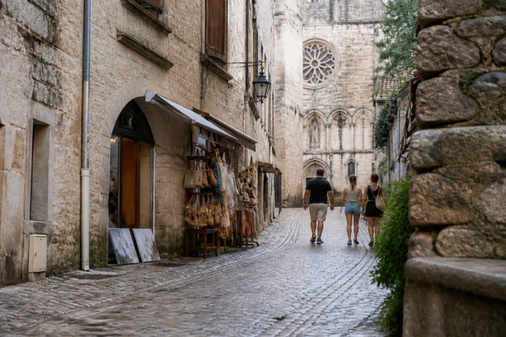 Rues pavees du centre historique avec facade de collegiale et commerces