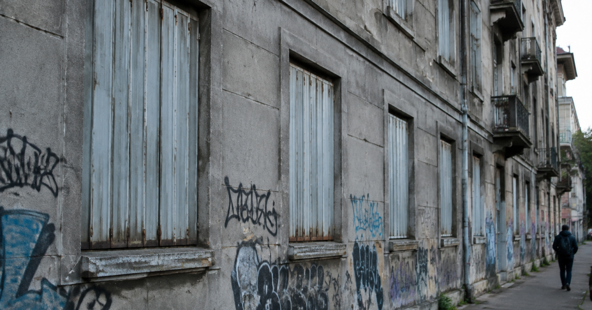 Rue urbaine facades grises fenetres barricadees graffitis visibles