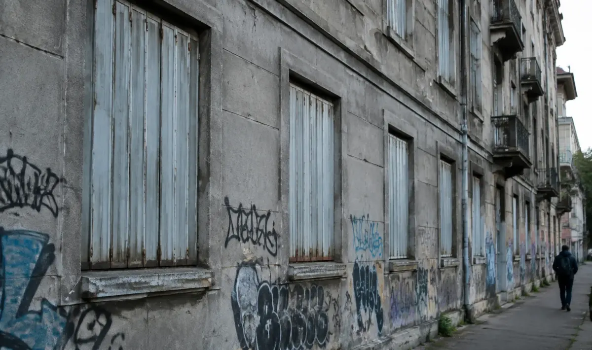 Rue urbaine facades grises fenetres barricadees graffitis visibles