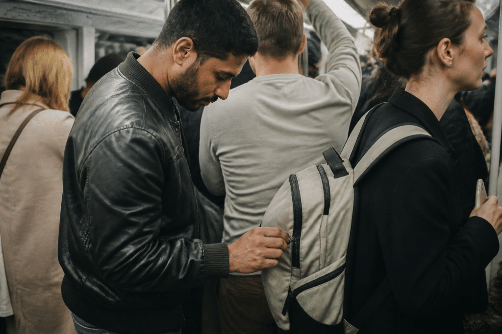 Pickpocket dans metro bondé pres touristes distrait