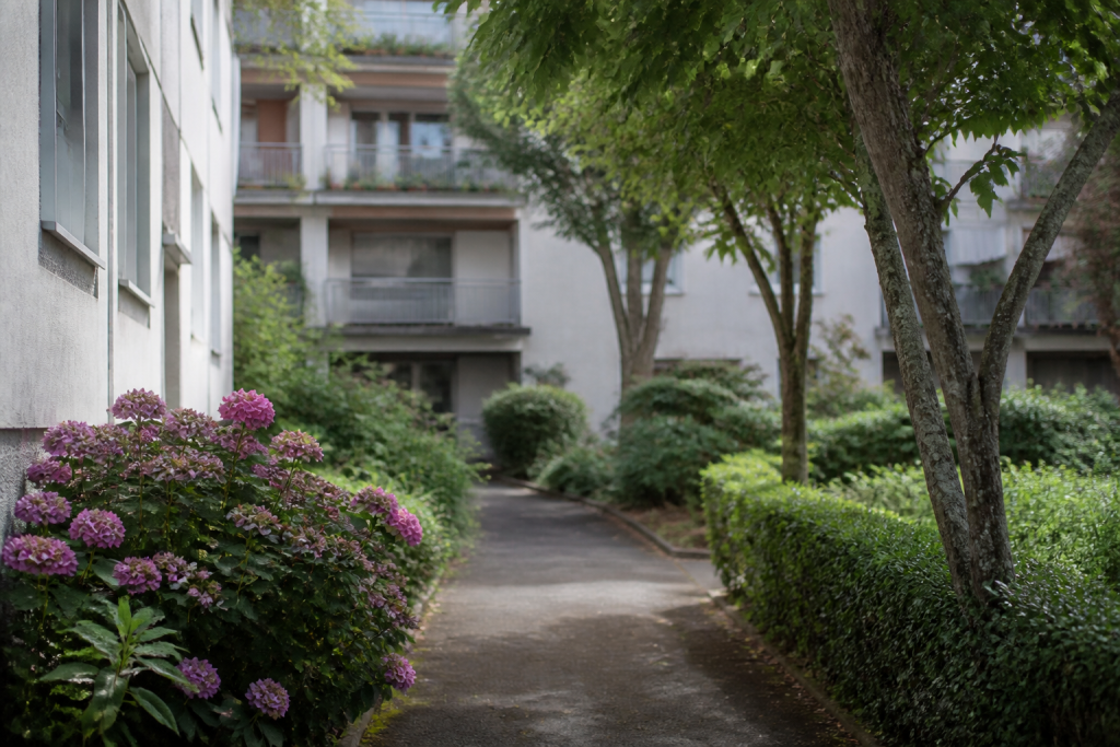 Quartier residentiel avec espaces communs bien entretenus