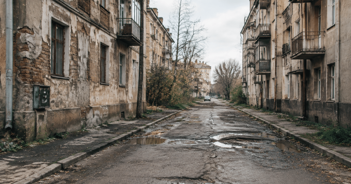 rue vide avec immeubles degrades et routes delabrees