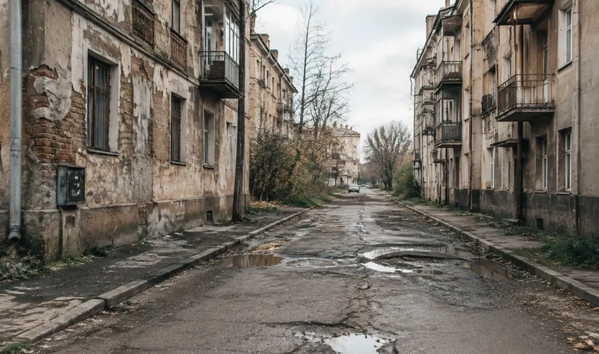 rue vide avec immeubles degrades et routes delabrees