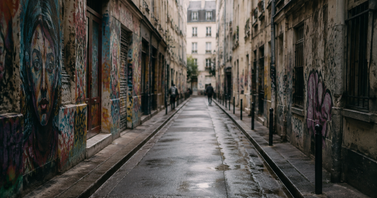 Rue sombre avec immeubles delabres couverts de graffitis urbains