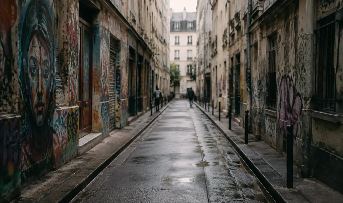 Rue sombre avec immeubles delabres couverts de graffitis urbains