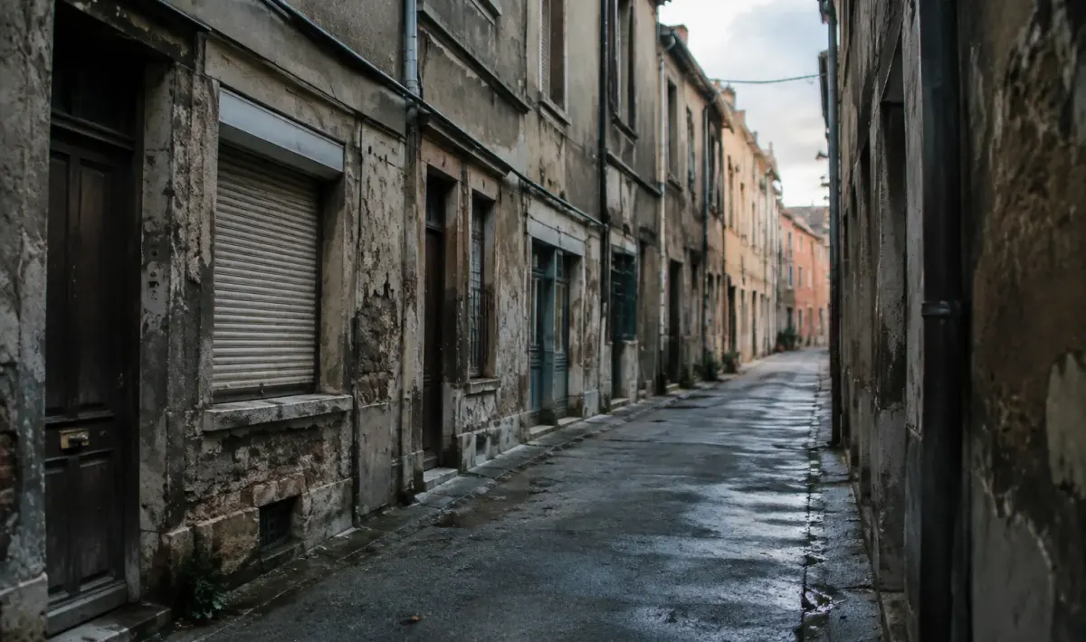 Rue sombre bordee d'immeubles decrepits et facades usees