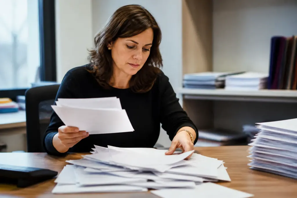 Agent municipal trie des questionnaires papier sur un bureau