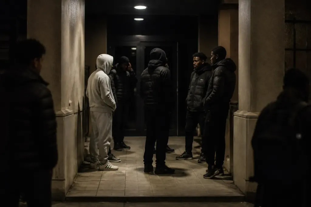 Entree immeuble sombre nuit personnes reunies
