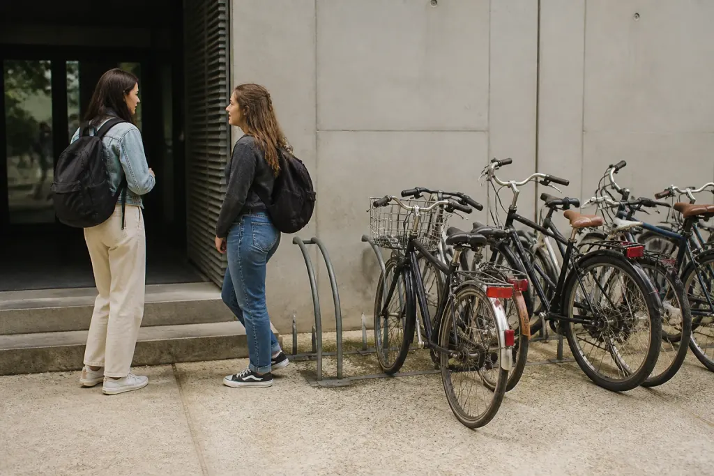 Etudiants devant une residence universitaire avec velos gares