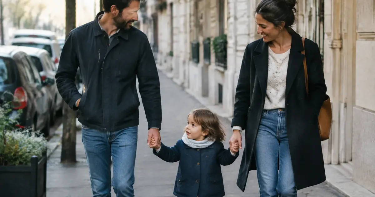 Famille marchant sur trottoir devant immeubles residentiels