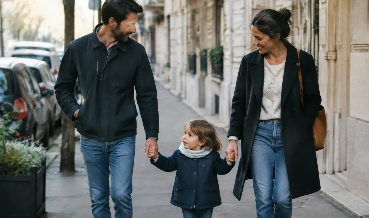 Famille marchant sur trottoir devant immeubles residentiels