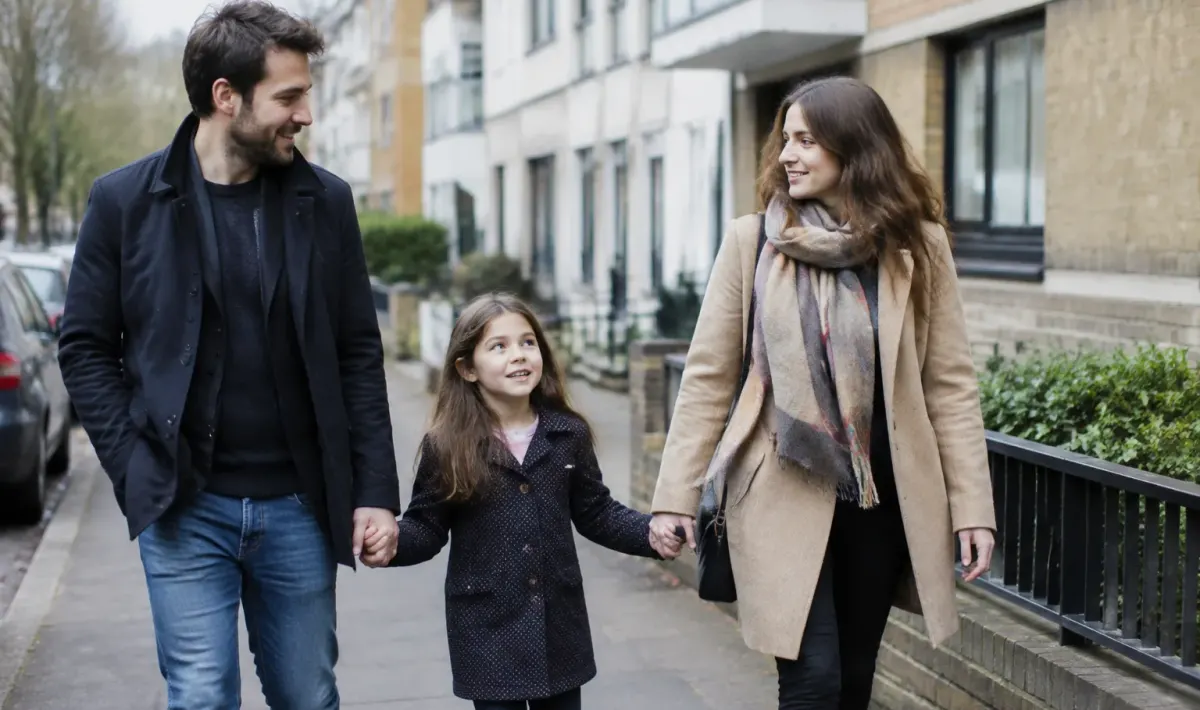 Une famille marche sur un trottoir devant des immeubles