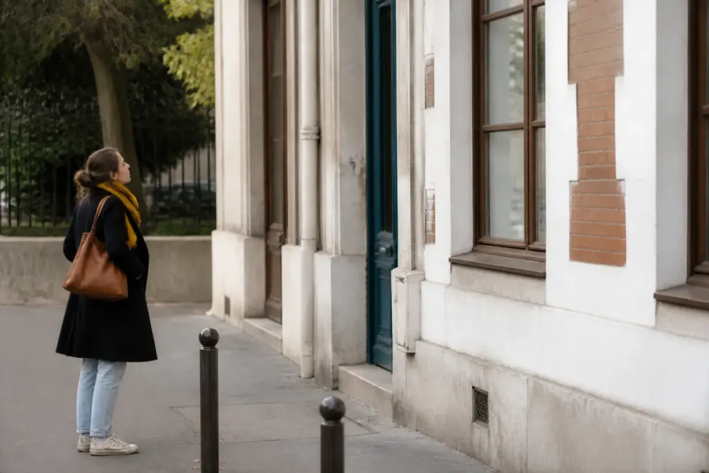 Femme observant facade batiment et mobilier urbain