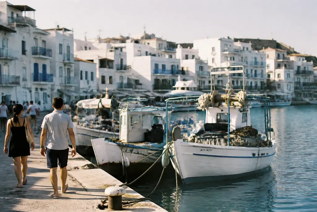 Front de mer anime avec bateaux et immeubles blancs