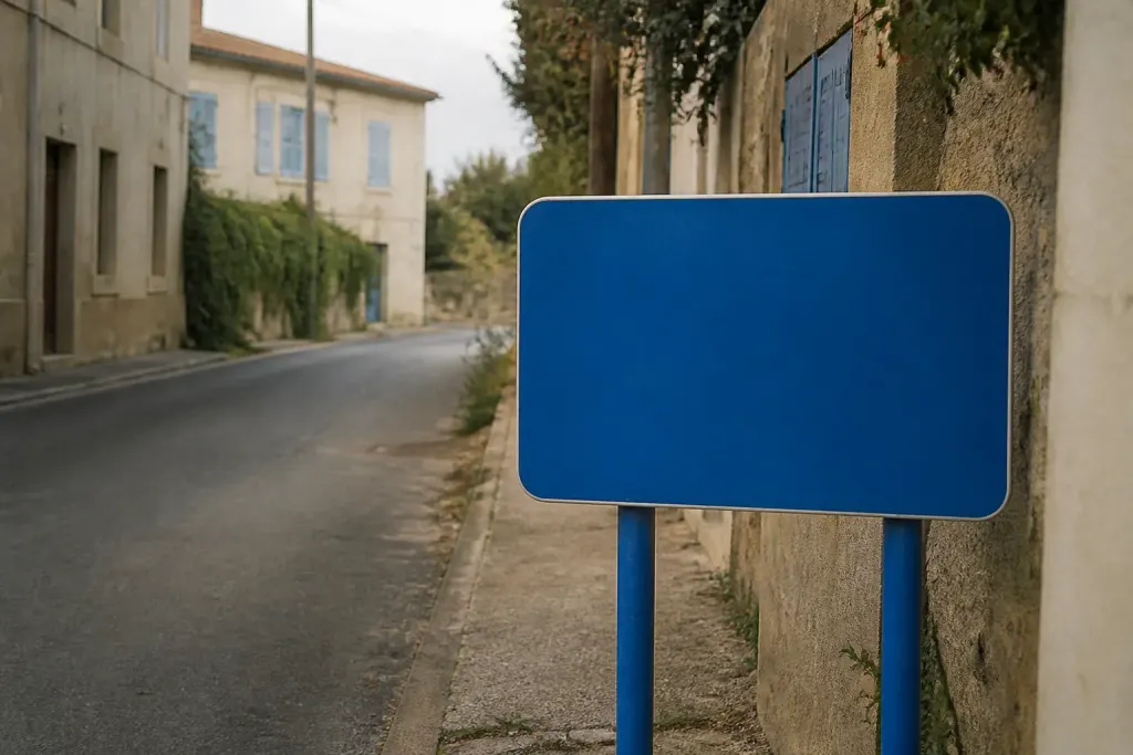 Panneau de bienvenue bleu dans une rue calme