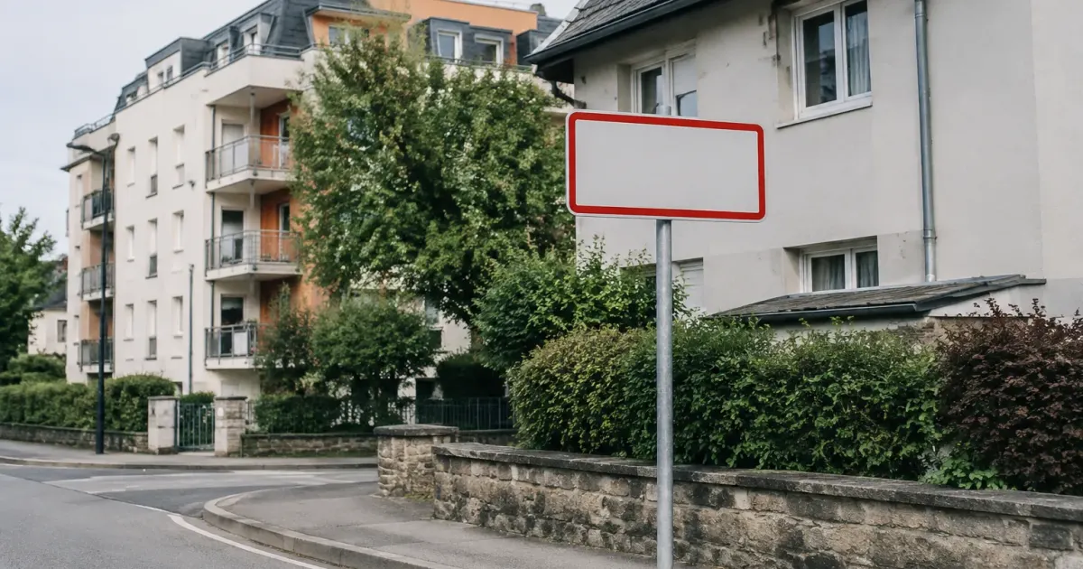 Panneau de ville devant immeubles residentiels et maisons