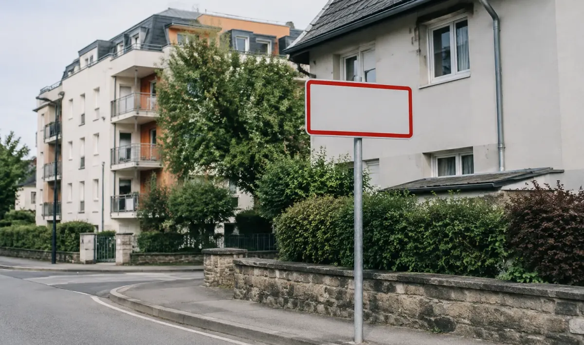Panneau de ville devant immeubles residentiels et maisons