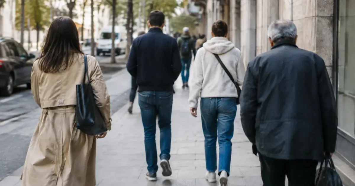Plusieurs passants marchent de dos sur un trottoir