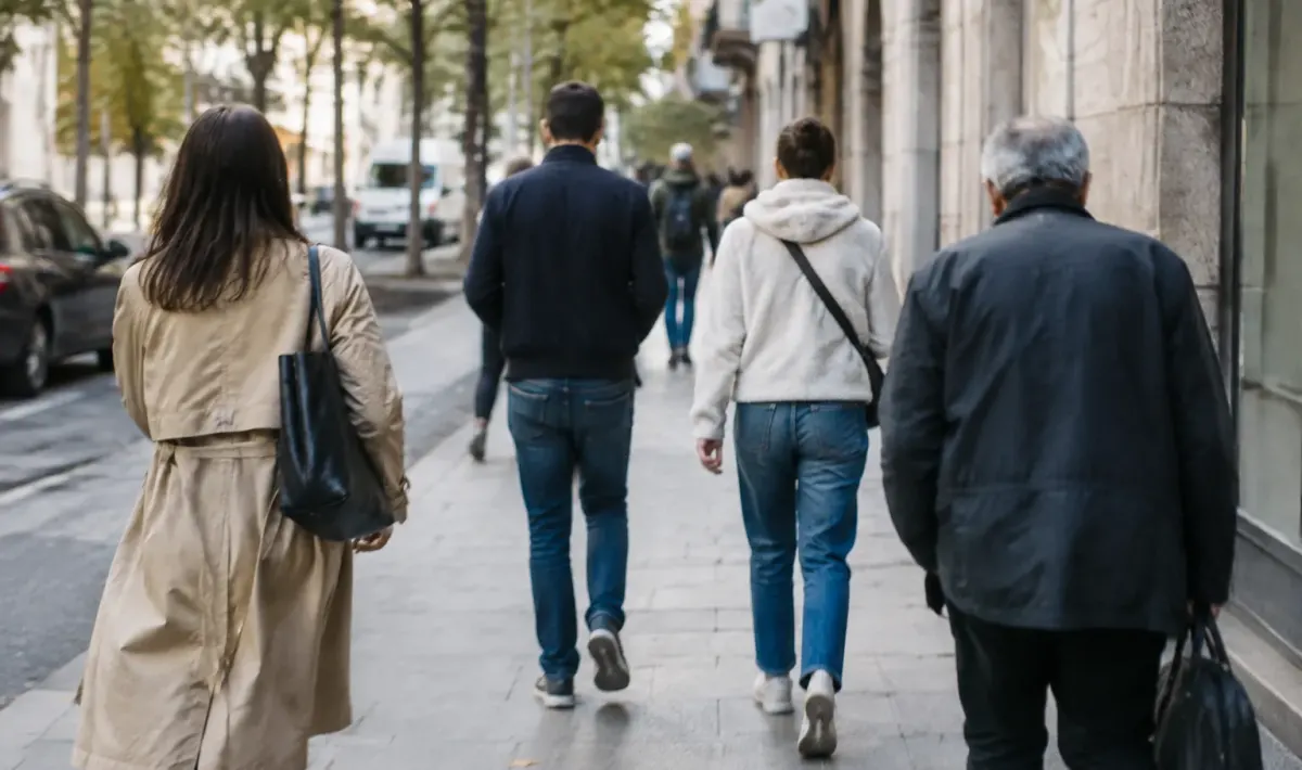Plusieurs passants marchent de dos sur un trottoir