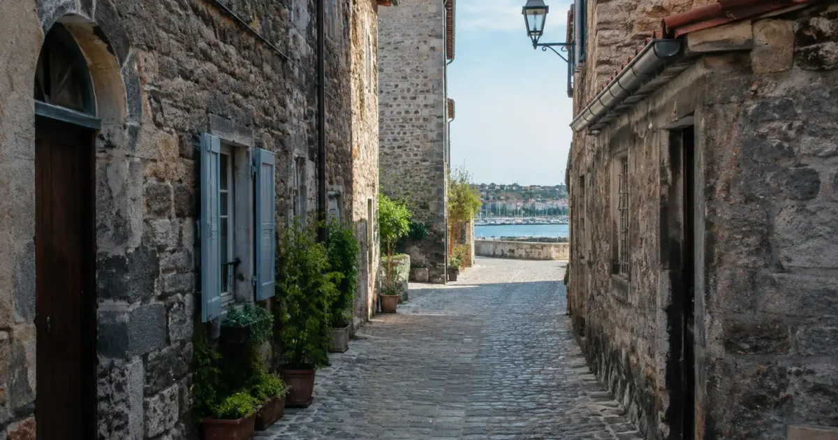Place pavee bordee de maisons en pierre Agde