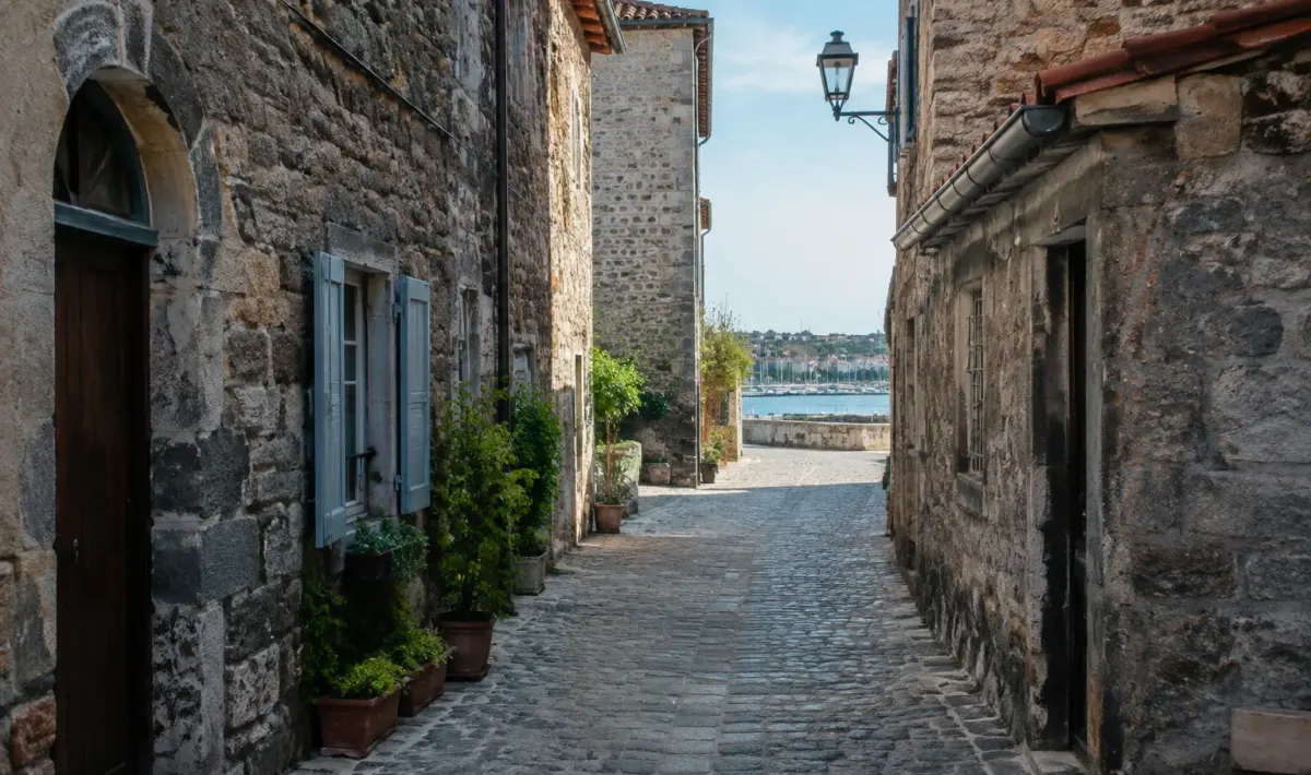 Place pavee bordee de maisons en pierre Agde