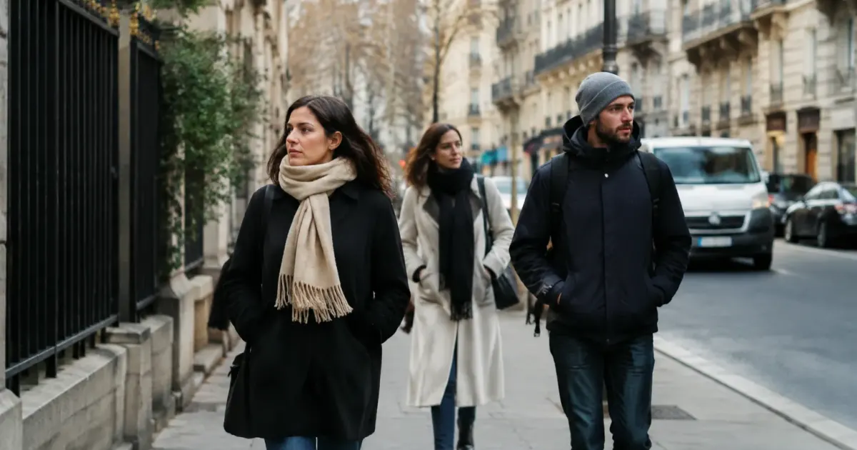 Residents marchant dans rue urbaine immeubles visibles