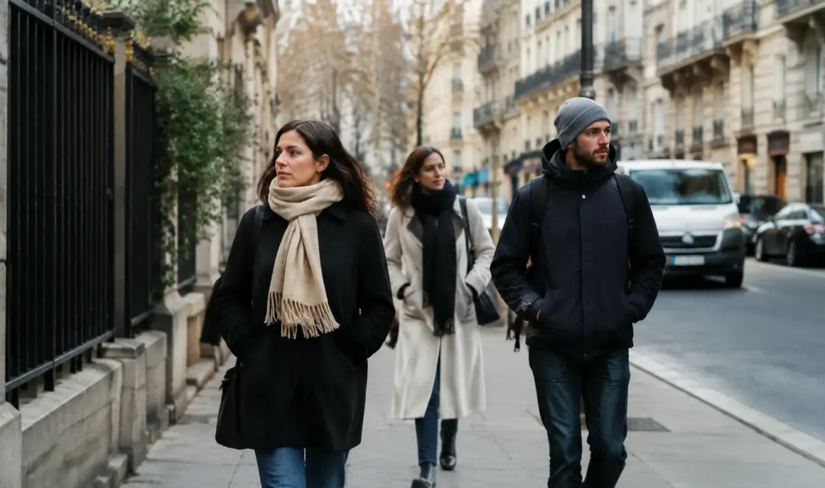 Residents marchant dans rue urbaine immeubles visibles