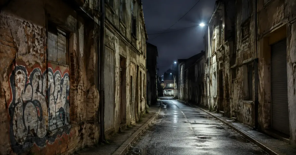 Rue abandonnee nuit avec batiments fermes facades degradees graffitis