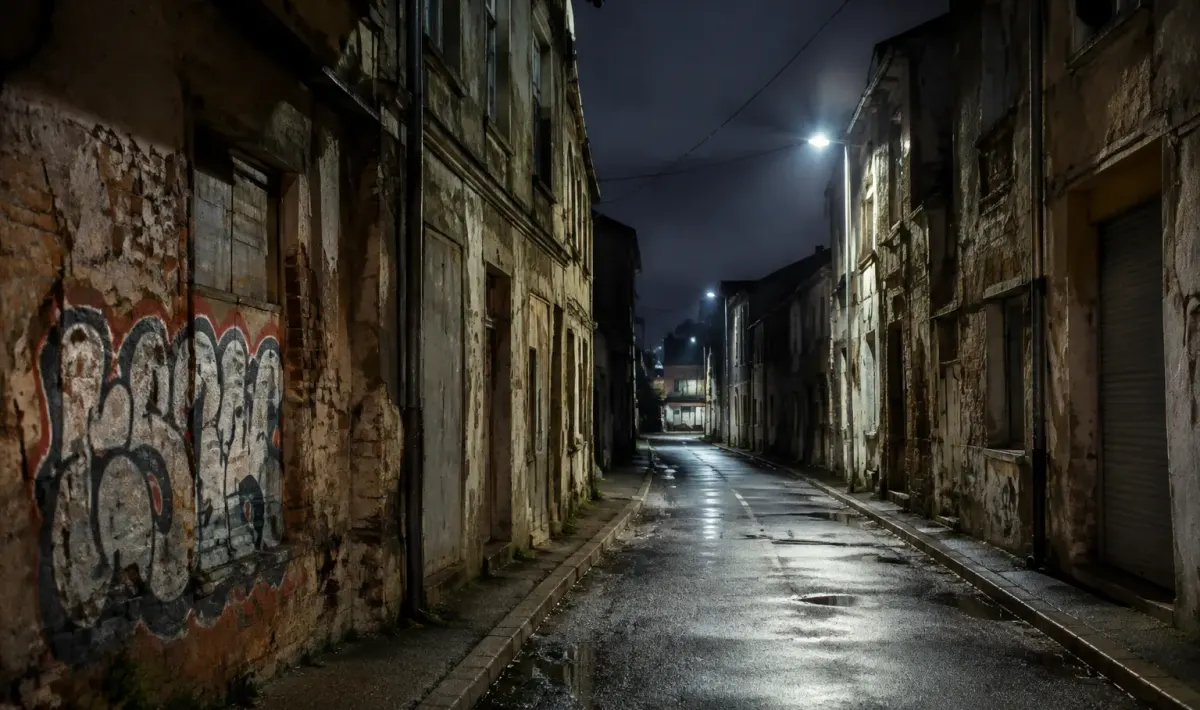 Rue abandonnee nuit avec batiments fermes facades degradees graffitis