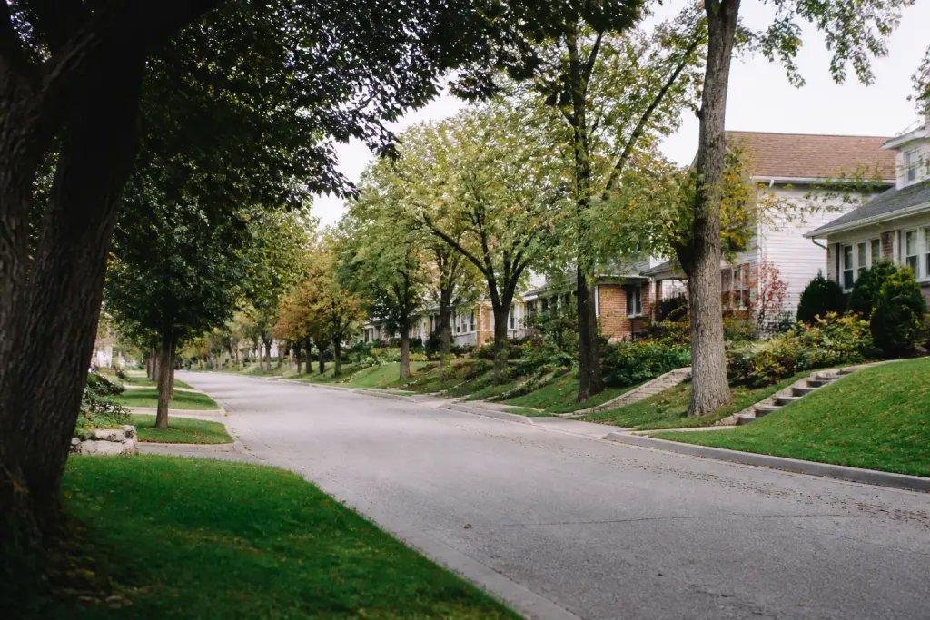 Rue residentielle calme avec maisons et arbres