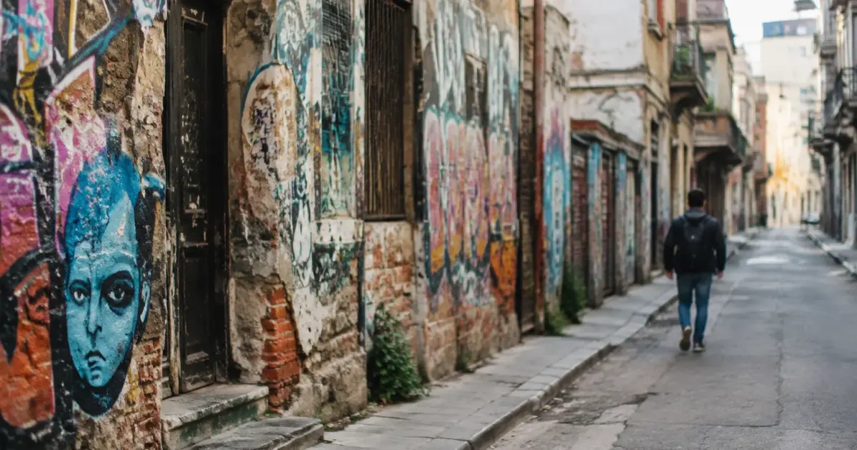 Rue urbaine avec murs graffites et batiments degrades