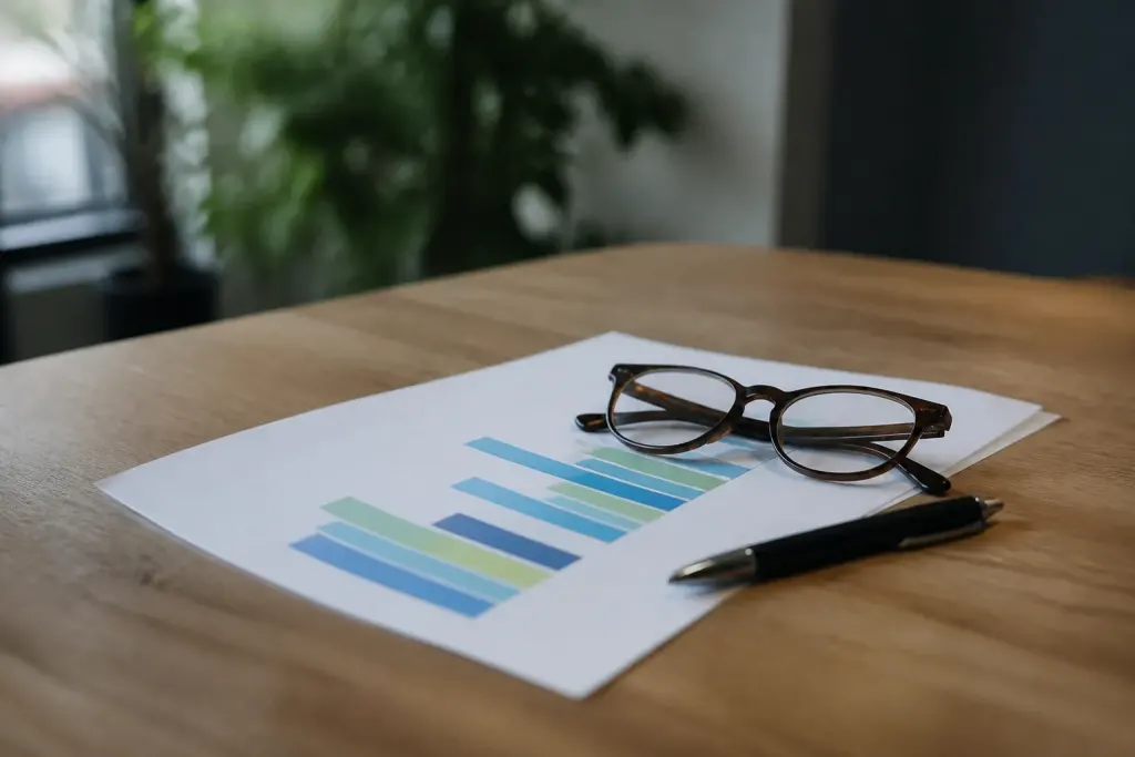Tableau imprime pose sur bureau avec lunettes et stylo