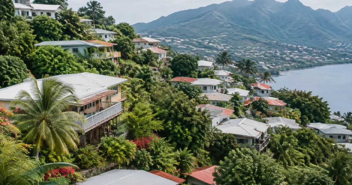 Vue aerienne de maisons serrees sur une colline tahitienne